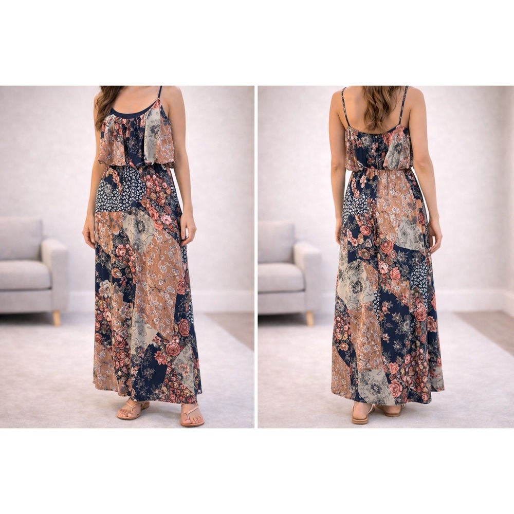 Naïf Floral Patchwork Maxi Dress Medium Navy Terracotta Boho Blouson DD286-52881